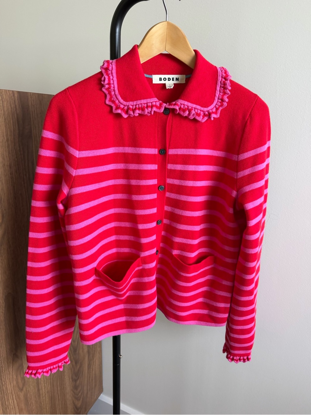 Boden Red & Pink Striped Ruffle Collar Cardigan Sweater Size S NWOT Wool Cotton - Picture 10 of 13